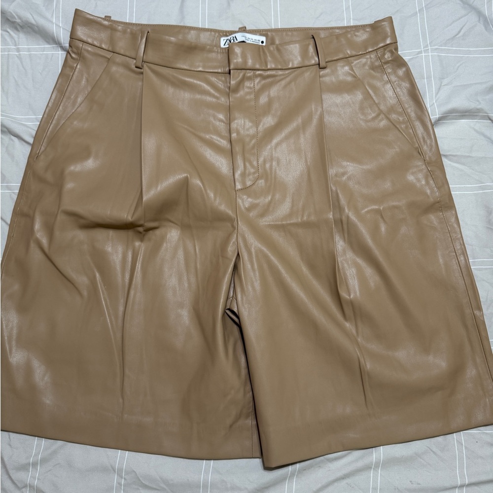 Zara Tan Leather Flat Front Shorts
